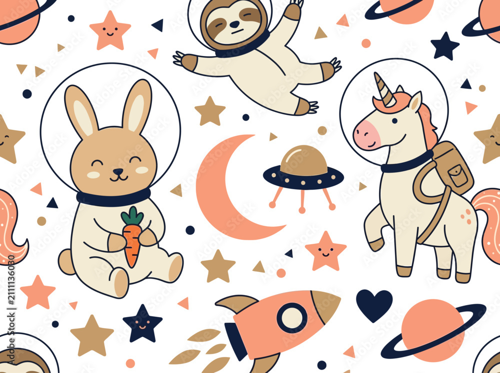 Fototapeta premium Cute Animal Astronauts Space Seamless Pattern