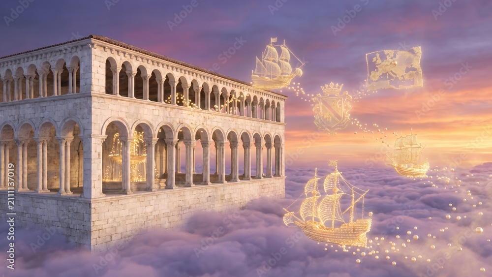 Obraz premium Ethereal Floating City of Arches Above Clouds with Glowing Ships
