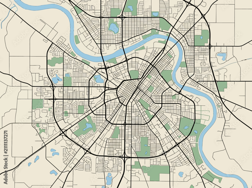 Obraz premium Minimalist Urban City Map Illustration with River and Parks Top View