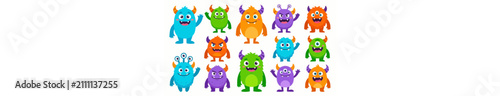 Фотография A Colorful Crew of Adorable Monsters: A delightful collection of cartoon monsters, each uniquely designed with vibrant colors and playful expressions, fills the frame