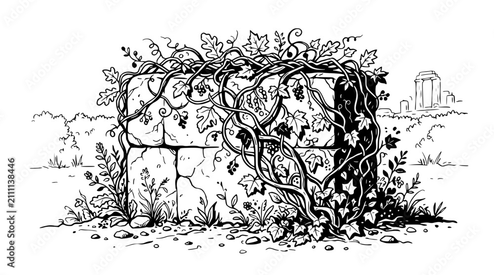 Obraz premium Ancient Stone Ruins Overgrown with Grapes and Vines, Hand-Drawn Sketch