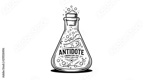 Fotografía Hand-drawn Antidote Potion in Flask with Bubbles and Cork Stopper