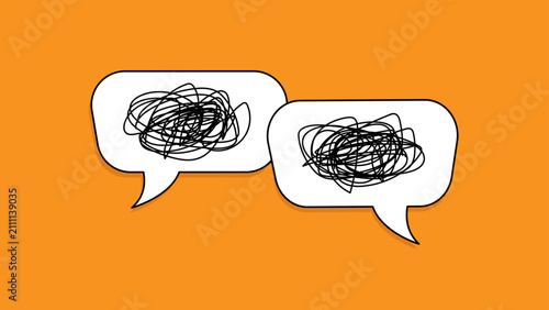 Bild auf Leinwand Two speech bubbles with tangled scribbles represent miscommunication, misunderst