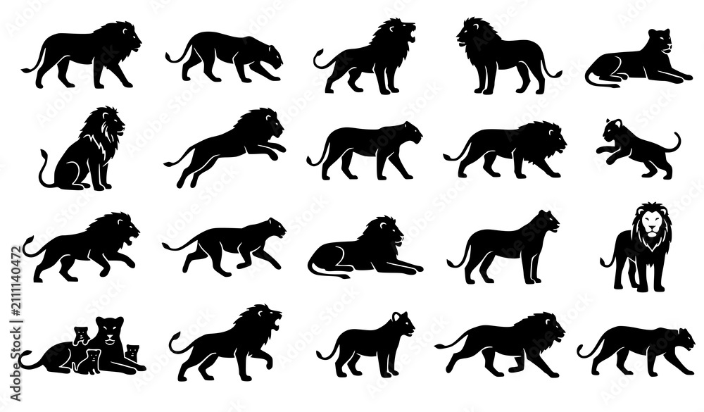 Obraz premium Lion silhouette icon collection wild animal vector symbols isolated on white