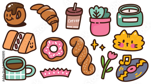 Foto Cute Kawaii Cozy Cafe Lifestyle Bakery and Sweet Treats Vector Illustration Set
