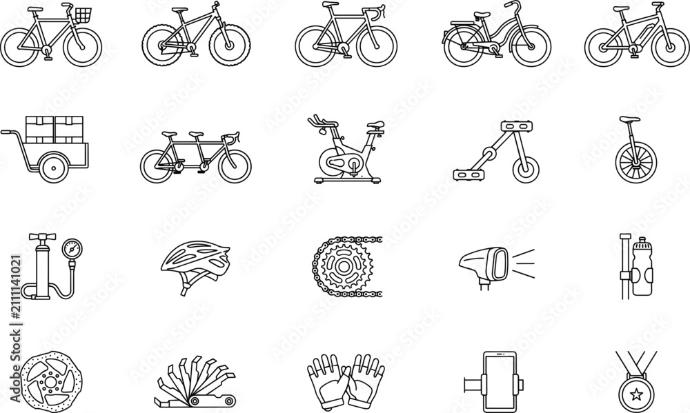 Naklejka premium Cycling and Bicycle Equipment Outline Icon Vector Set with Road Bikes, Cargo Bike, Helmet, Repair Tools, Training Gear, and Cycling Accessories