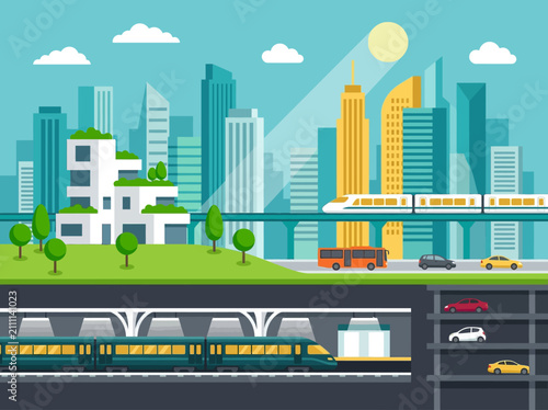 Modern Smart City Infrastructure with Integrated Multi-level Public Transportation and Green Architecture Flat Vector Illustration
