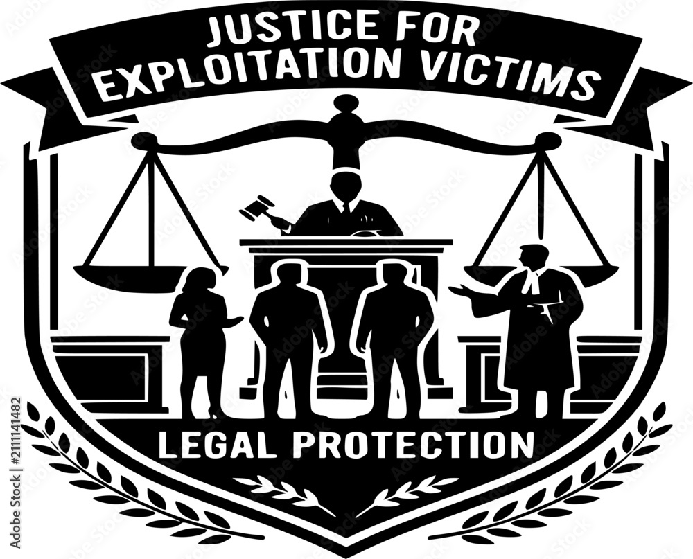 Obraz premium Justice for Exploitation Victims Silhouette: Legal Protection Vector, Human Rights Courtroom Icon