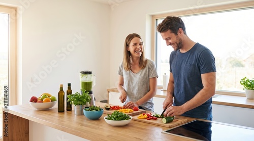 Happy young couple laughing while preparing fresh organic vegetables and a green smoothie in a bright modern kitchen