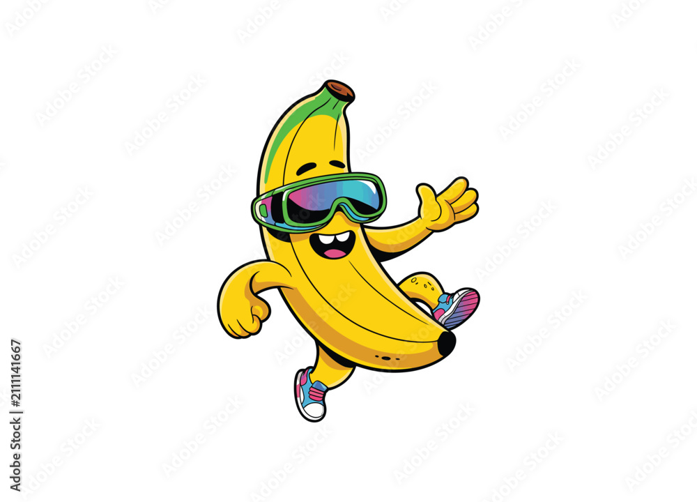 Obraz premium Cartoon banana wearing sunglasses and sneakers playfully waving on transparent background fruit.