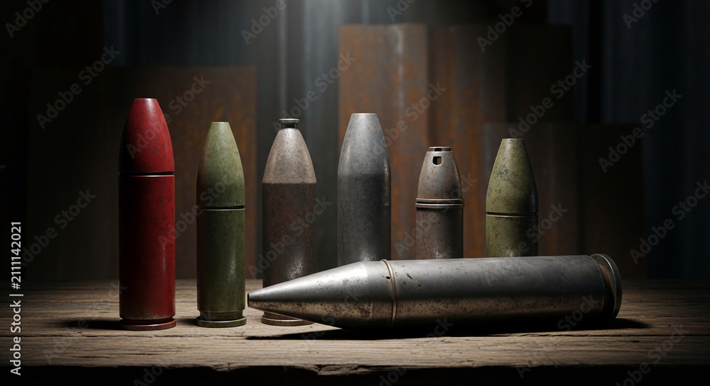 Obraz premium A collection of assorted bullets and casings displayed on a rustic wooden surface, symbolizing power, danger, and military history.