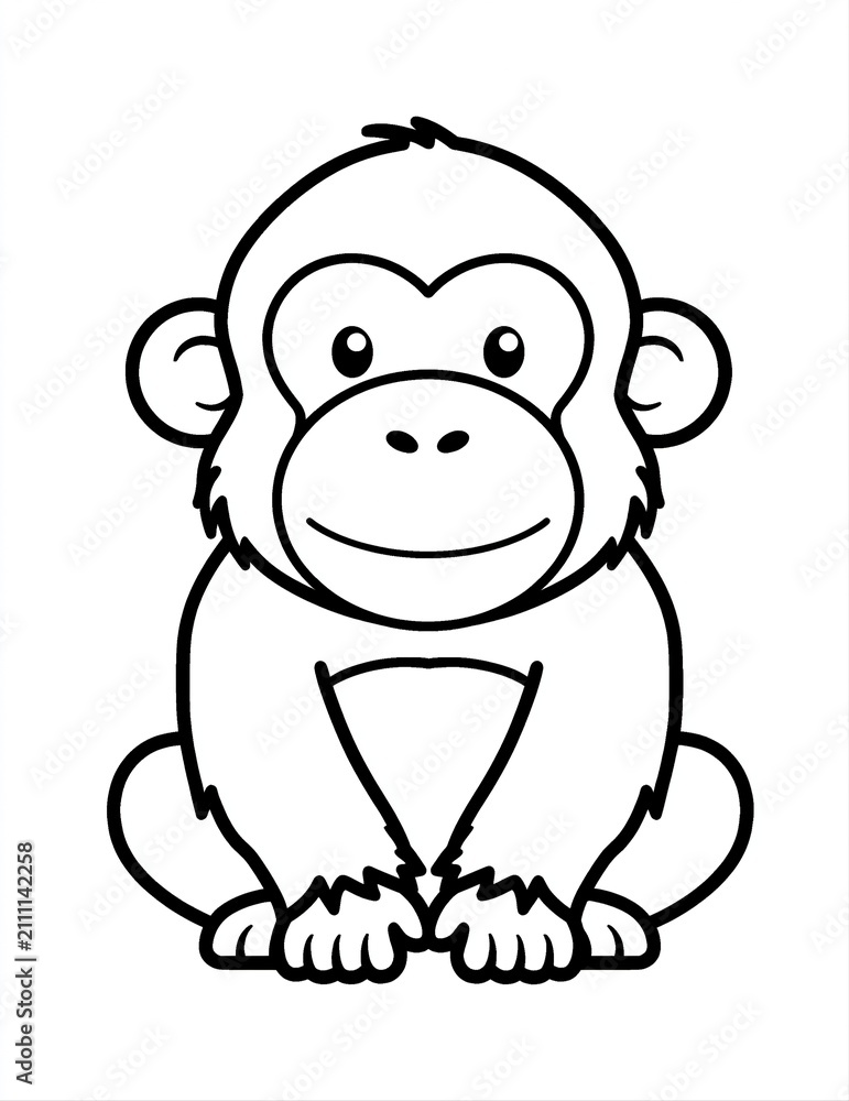 Obraz premium Cute Cartoon Monkey Sitting, Simple Black and White Outline Drawing for Children's Coloring Pages
