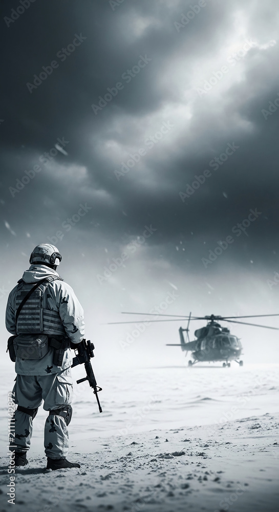 Fototapeta premium Soldier with rifle in snowy landscape with helicopter, symbolizing military operation, resilience, and readiness in harsh environments