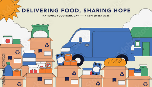 Konstfotografi National food bank day illustration with delivery van and food boxes