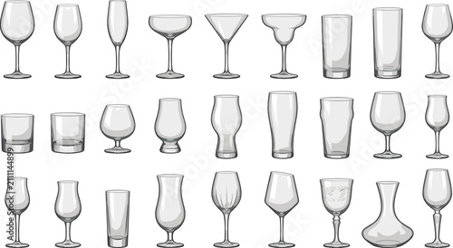 Obraz na plátne Empty Drinking Glass and Bar Drinkware Vector Line Icon SetEmpty Drinking Glass