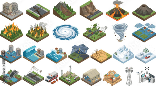 Isometric Natural Disaster and Catastrophe Emergency Vector Graphic Icon SetIsometric Natural Disaster and Catastrophe Emergency Vector Graphic Icon Set