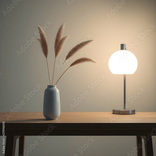 A matte gray ceramic vase with three dried pampas stems is paired with a glowing white globe table lamp on a wooden surface. The soft ambient lighting and minimalist styling create a calm and sophisti