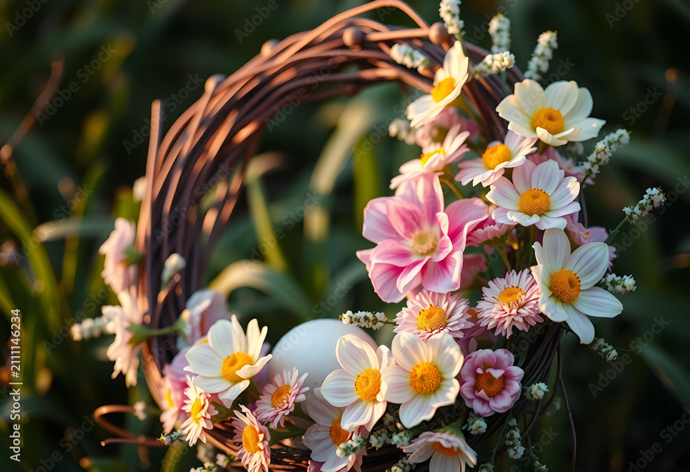 Fototapeta premium Easter wreath with flowers and egg in nature