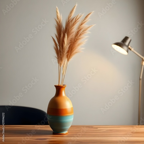 A slender brown ceramic vase holding tall dried pampas grass is displayed beside a modern silver desk lamp. Soft warm lighting highlights the graceful stems, creating an elegant and contemporary minim