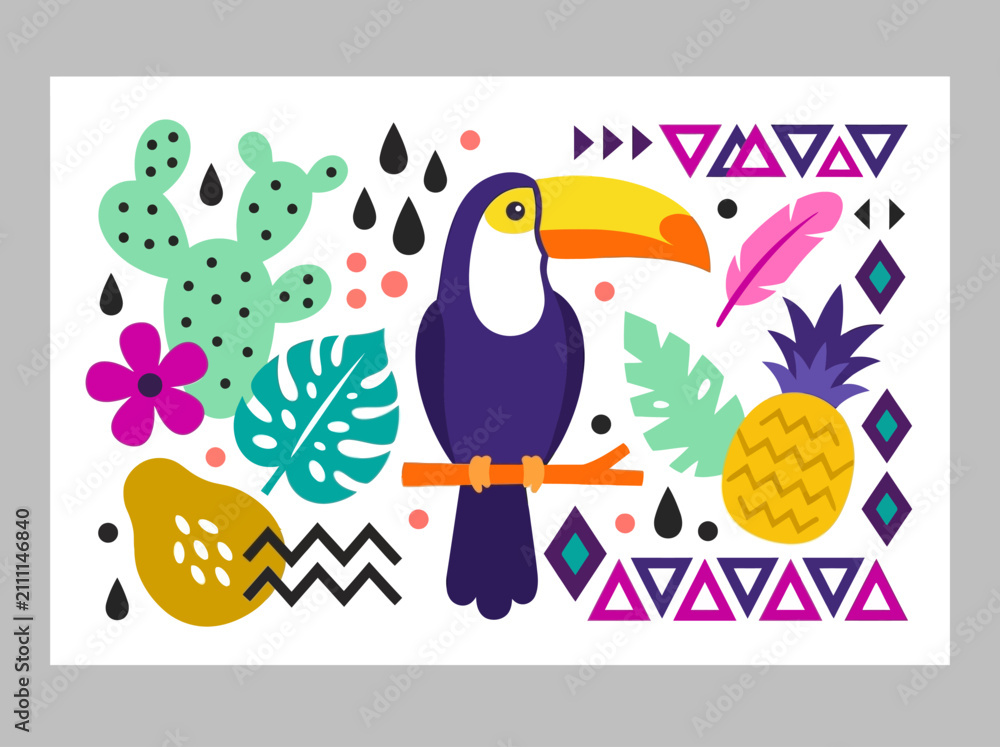 Fototapeta premium Colorful Tropical Toucan Vector Illustration with Pineapple, Cactus, and Geometric Tribal Patterns