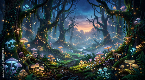 Fantasy glowing mushroom forest at twilight with magical fireflies, enchanted woodland, dreamy atmosphere