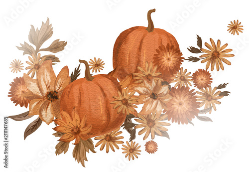 Autumn Thanksgiving Floral Illustration, Terracotta Colors, PNG Transparent