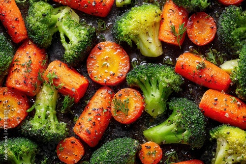 Roasted carrots and broccoli florets seasoned with herbs and spices