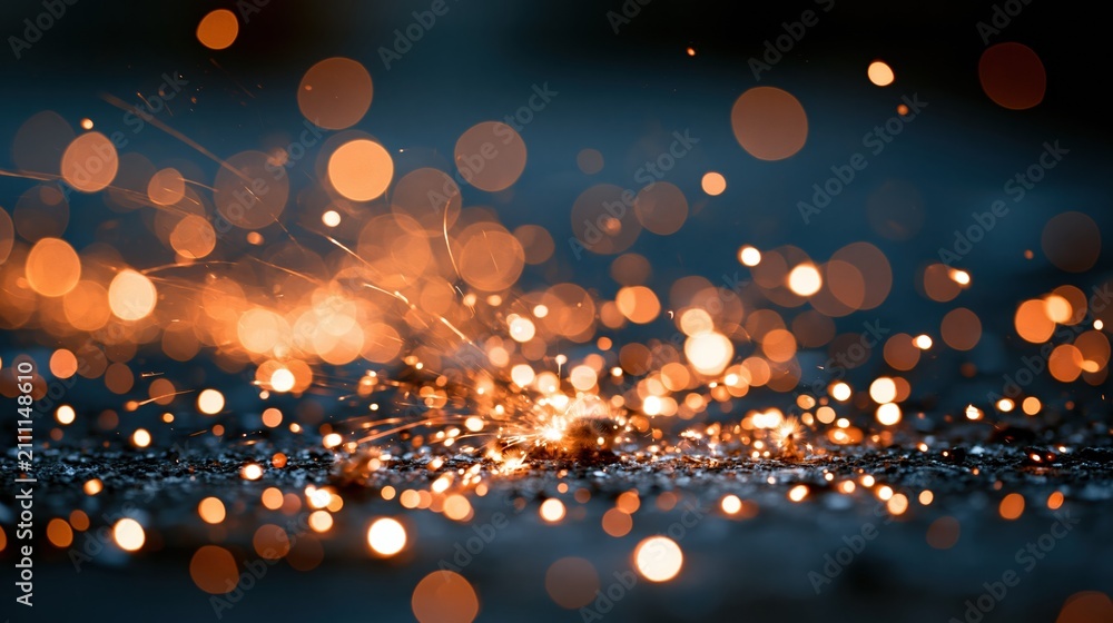 Fototapeta premium Close up of bright orange sparks and bokeh lights creating a magical, energetic atmosphere