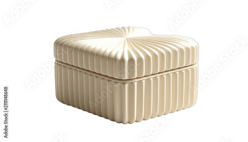 A cream-colored decorative box with a fluted design sits on a black background.