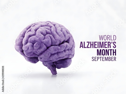 A purple human brain model isolated on a white background representing world alzheimer month awareness during the month september