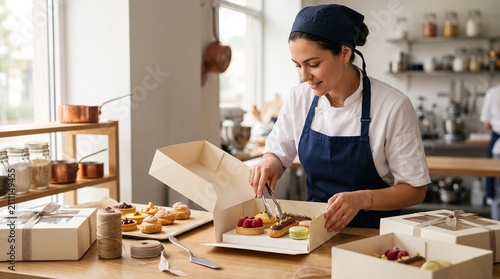 Confeiteira profissional embalando doces artesanais para entrega em cozinha organizada com conceito moderno de pequeno negócio gastronômico