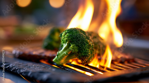 Fresh broccoli florets being grilled over open flames on a hot stone surface