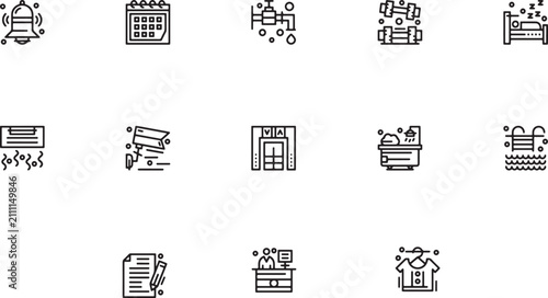 Billede på lærred Building facility and hotel amenity outline icon set featuring digital calendars