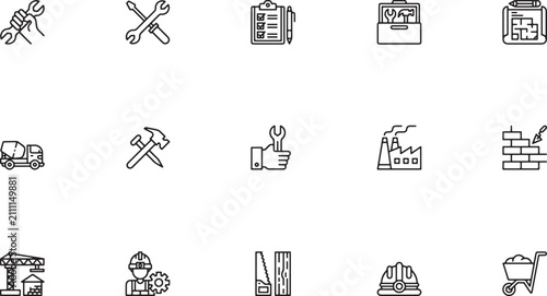 Industrial repair and construction tools outline icon set featuring crossed wrenches mechanic toolboxes factory buildings clipboards and safety hard hats vector