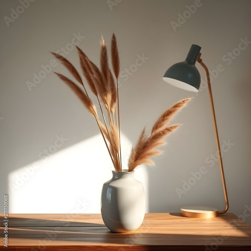 A white ceramic vase displays several tall dried pampas stems beside a modern black floor lamp. A beam of sunlight casts a dramatic shadow across the wall, highlighting the simple beauty of the arrang
