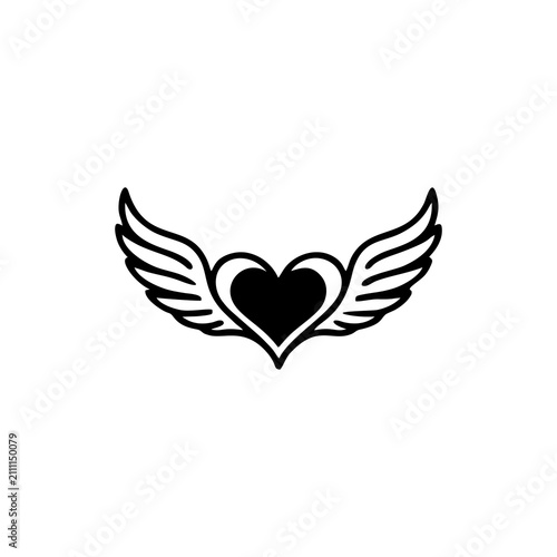 Konstfotografi Minimalist black heart icon with stylized angel wings isolated on white background