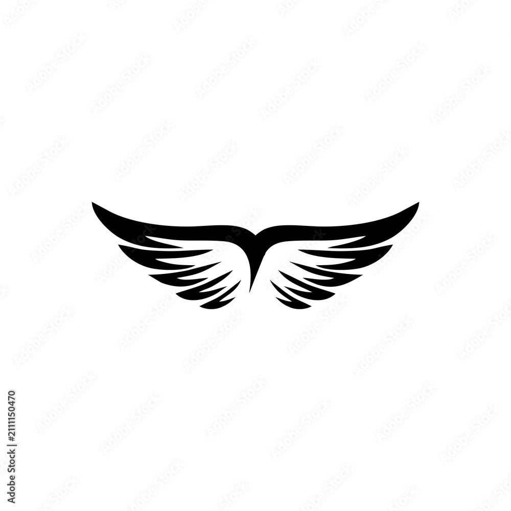 Fototapeta premium Minimalist black silhouette of spread wings isolated on a white background.