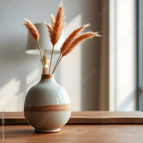 A glossy white ceramic vase with a brown accent band displays several stems of dried pampas grass on a bright windowsill. Soft daylight fills the room, emphasizing the clean lines and minimalist beaut
