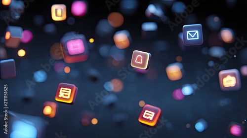 A dark, blurred background filled with glowing, square icons floating in space.