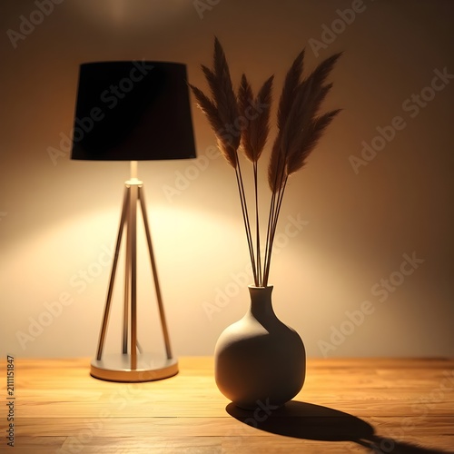A cozy evening-inspired interior scene featuring a black tripod floor lamp illuminating a matte ceramic vase filled with natural dried pampas grass. The warm lighting creates a relaxing and elegant at