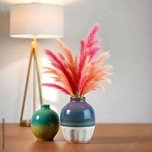 A colorful decorative arrangement featuring vibrant pink pampas grass displayed in glossy blue and green ceramic vases. A modern tripod floor lamp in the background complements the cheerful and stylis