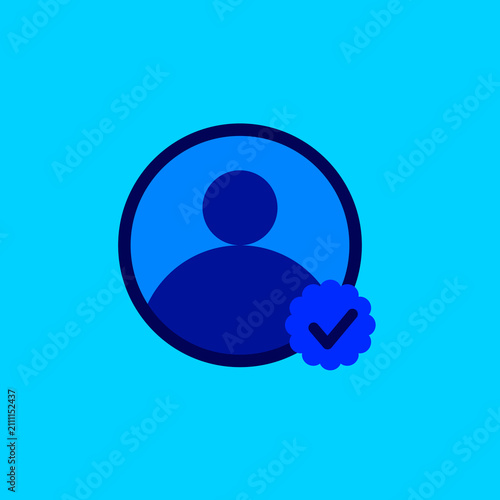 Blue verified user profile icon. Flat design avatar silhouette with checkmark badge for social media authentication and approved account concept.