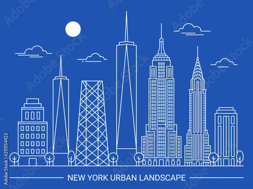 Bild auf Leinwand New York City Skyline Line Art Illustration Vector Blueprint Urban Landscape
