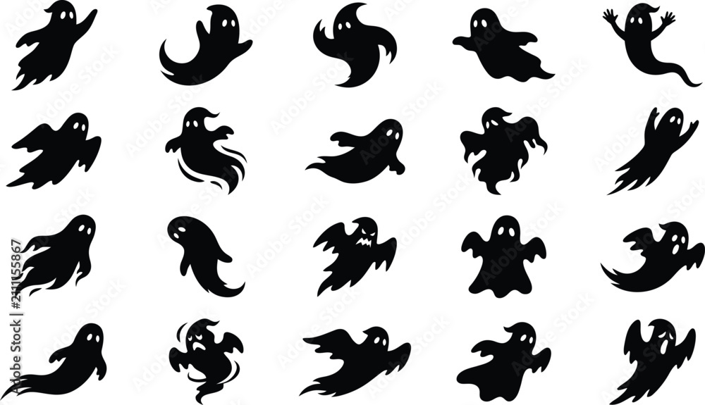 Fototapeta premium Set of various cute ghost characters for halloween vector design elements isolated on a white background for holiday projects