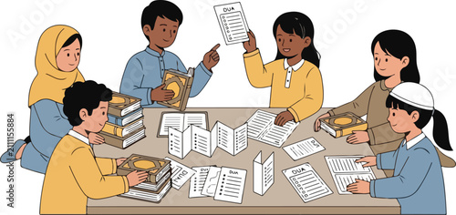 Children studying religious texts and prayers around a table