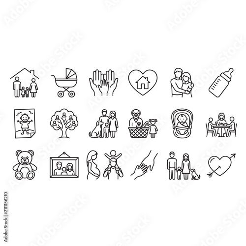 Happy Family and Parenting Editable Line Icon Set | Childcare, Relationships and Home Life Outline Vector Collection