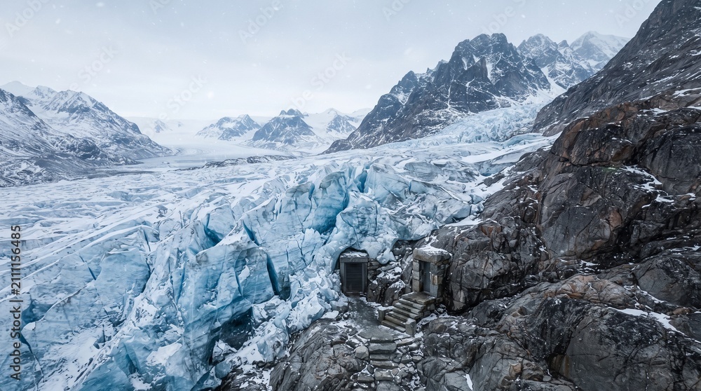 Obraz premium Majestic Glacier Flowing Through Snow Covered Mountain Peaks with Rugged Rocky Cliffs Beneath a Winter Arctic Sky