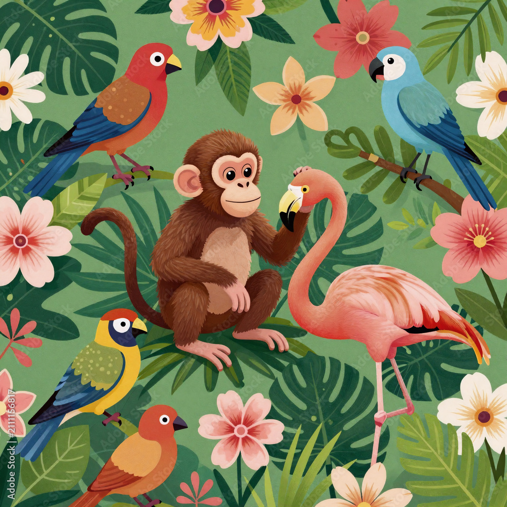 Obraz premium Isometric Pattern Zoo. Illustration Showcases A Tropical Monkey, Flamingo, And Bird Amidst Vibrant Brazilian-Inspired Flowers