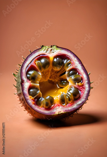 fresh passion fruit half on...