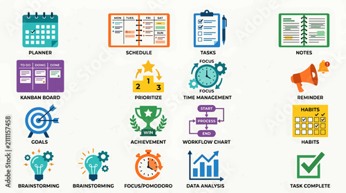 Business productivity icons and symbols.